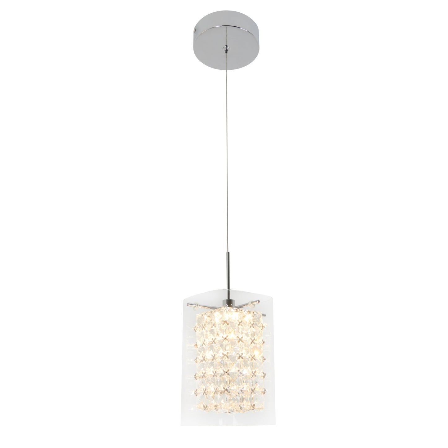 The Artika Crystal Cube 1-light LED pendant features a round chrome ceiling mount, a single thin suspension wire, and a rectangular shade with multiple layers of clear crystal-like elements for a modern look.