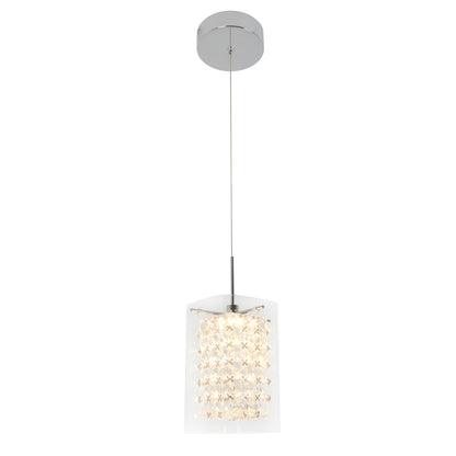 The Artika Crystal Cube 1-light LED pendant features a round chrome ceiling mount, a single thin suspension wire, and a rectangular shade with multiple layers of clear crystal-like elements for a modern look.