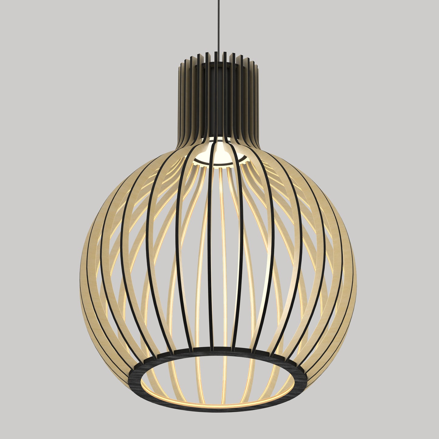 The Artika Tomi LED Pendant Light 3 CCT features a modern spherical wooden slat design suspended by a black cord, with central illumination, showcased against a plain gray background.