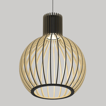 The Artika Tomi LED Pendant Light 3 CCT features a modern spherical wooden slat design suspended by a black cord, with central illumination, showcased against a plain gray background.