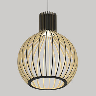 The Artika Tomi LED Pendant Light 3 CCT features a modern spherical wooden slatted design, suspended by a black cord. Soft light glows through the open wood slats, creating an elegant effect against a plain gray background.