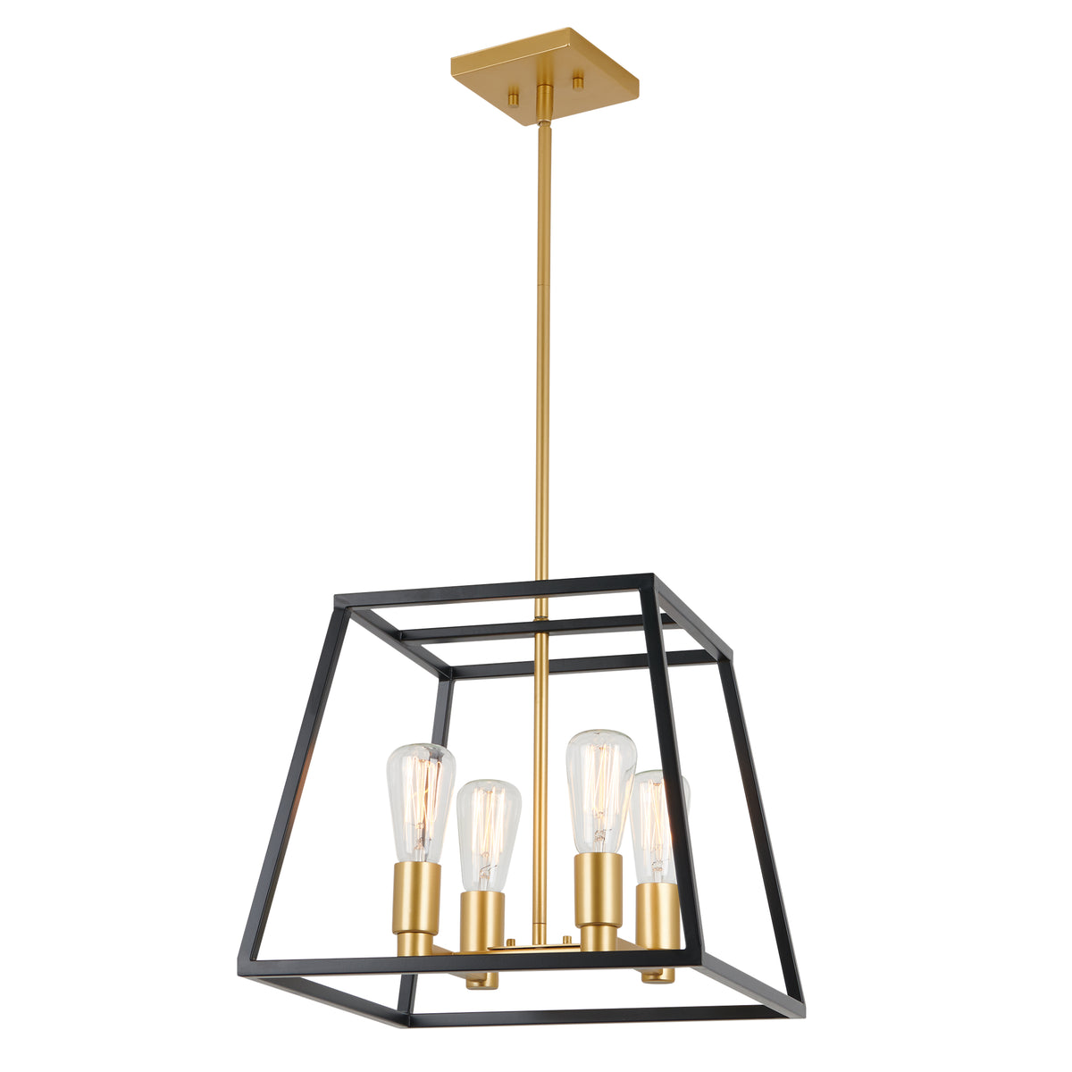 A modern pendant light featuring a geometric black metal frame and four exposed Edison-style bulbs on gold sockets, suspended from a matching gold rod and ceiling mount.