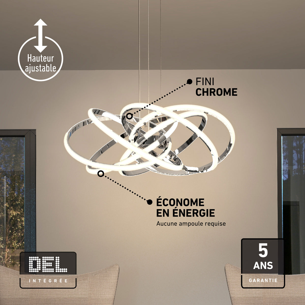 Artika Maelstrom modern LED pendant, 5 CCT, height adjustable, energy-saving with 5-year warranty—no bulbs required.