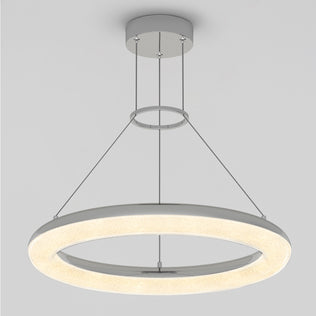 The Artika Famous Optical LED pendant light 5 CCT features a modern circular design with a frosted ring, suspended by four slim cables. Its matte silver finish and soft, even illumination make it an elegant ceiling fixture.