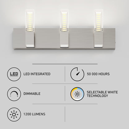 The Artika Hologram LED modern bathroom vanity light 5 CCT is shown above icons and text highlighting its key features: integrated LED, 50,000-hour lifespan, dimmable, 1200 lumens, and selectable white technology.