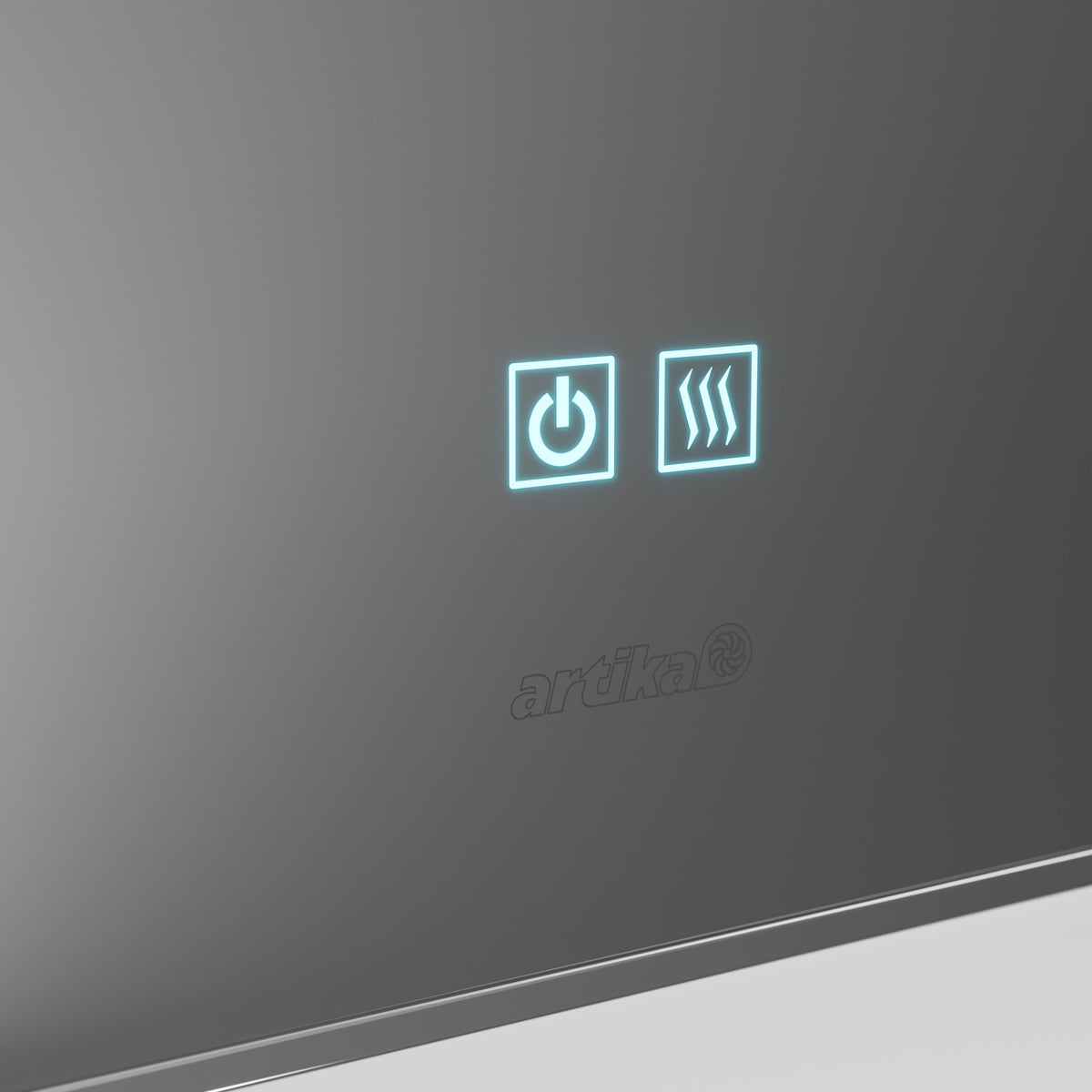 Close-up of the Onyx dimmable LED mirror 3 CCT by Artika: its sleek, reflective surface displays illuminated touch icons for power and light settings, with the Artika logo subtly visible below.