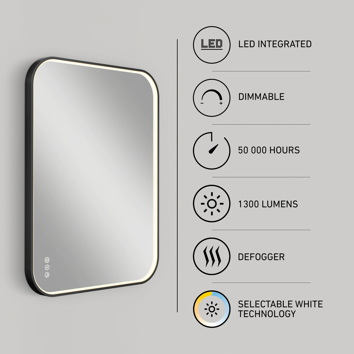 Artika Royce 24″x32″ Dimmable Anti-Fog LED Mirror, 1300 lumens, selectable color temp—ideal for modern vanities.