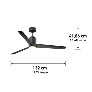 Artika Ellison 52 in. LED modern ceiling fan, three blades, remote control; 132 cm wide x 41.86 cm tall.