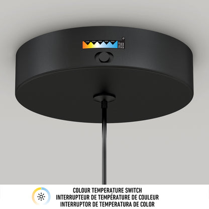 The image shows the Artika Hanson 1-light LED pendant, a black ceiling-mounted fixture with a color temperature switch and indicator. Below is a label displaying Colour Temperature Switch in English, French, and Spanish with a sun icon.