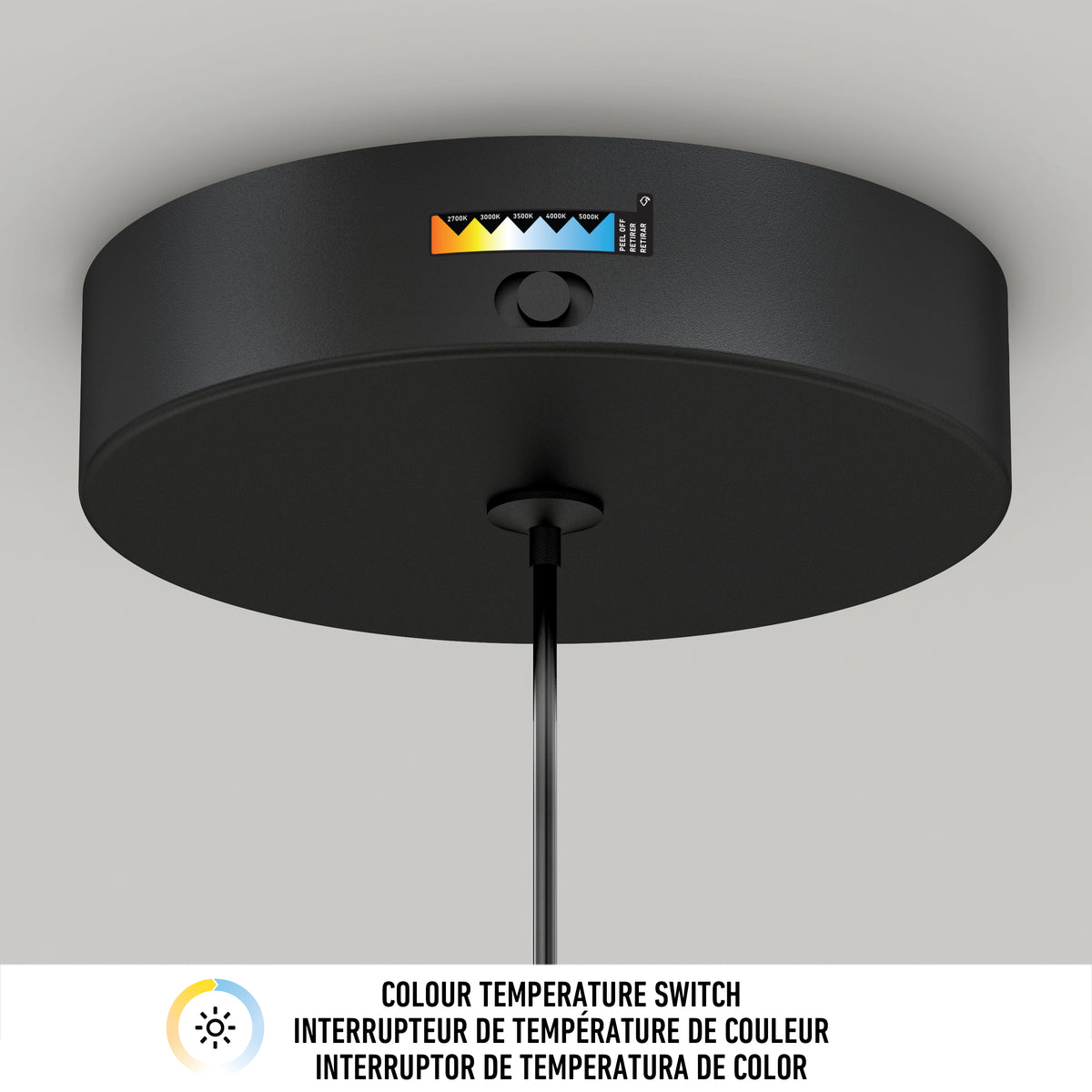 A close-up of a black ceiling light fixture with a color temperature switch and indicator, showing adjustable color temperature levels. Text below reads “Colour Temperature Switch” in English, French, and Spanish.