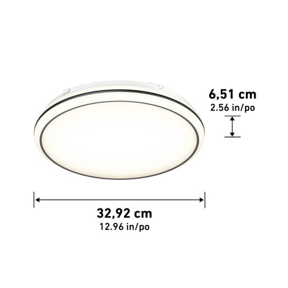 The Artika Emina 13 in. LED flush mount light, shown from below, is a round white fixture with black trim, offering 1,800 lumens. It is dimmable and measures 6.51 cm high by 32.92 cm (13 in.) in diameter. Features selectable 3 CCT settings.