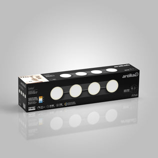 The Artika Santori 27-in LED vanity light features a matte black box with four round lights, ideal as a bathroom wall sconce.