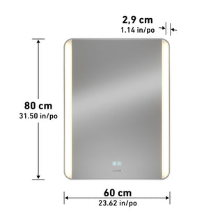 Artika Onyx LED Mirror with Defogger 3 CCT, 80x60x2.9 cm; dimensions shown in cm/inches.