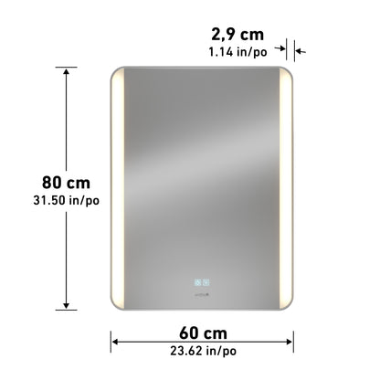 Artika Onyx LED Mirror with Defogger 3 CCT, 80x60x2.9 cm; dimensions shown in cm/inches.