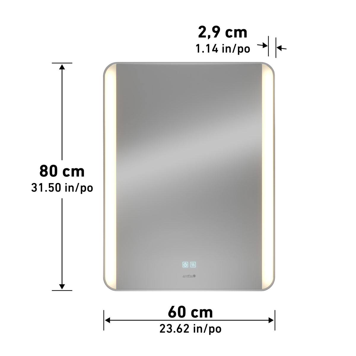 Rectangular mirror with LED lights on both sides. Dimensions are marked: 80 cm (31.50 in) tall, 60 cm (23.62 in) wide, and 2.9 cm (1.14 in) deep. Touch controls visible on the mirror’s lower front.