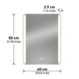 Rectangular mirror with LED lights on both sides. Dimensions are marked: 80 cm (31.50 in) tall, 60 cm (23.62 in) wide, and 2.9 cm (1.14 in) deep. Touch controls visible on the mirror’s lower front.