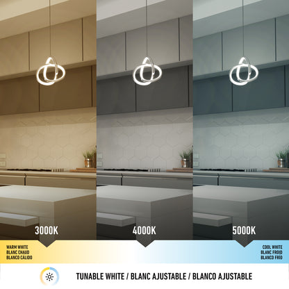 A kitchen is shown under three Zephyr LED pendant lights by Artika: warm white (3000K), neutral white (4000K), and cool white (5000K), illustrating how each setting changes the ambiance and cabinet colors.