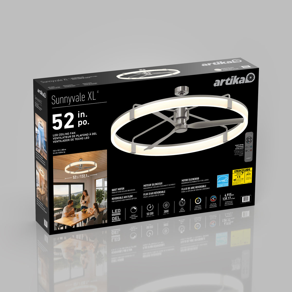 Black box for Artika Sunnyvale 52 in. LED Ceiling Fan with Remote, featuring images and key features on the front.