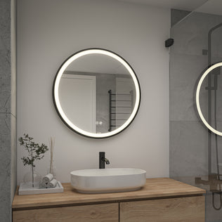Modern bathroom with Artika Mateo 28 in. LED mirror (3 CCT, defogger) above a wooden vanity and minimal decor.