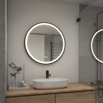Modern bathroom with Artika Mateo 28 in. LED mirror (3 CCT, defogger) above a wooden vanity and minimal decor.