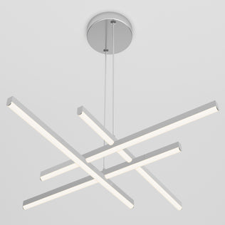 The Artika Grid modern LED pendant light 5 CCT features four intersecting horizontal light bars suspended from a round ceiling mount by thin cables, shown against a white background.