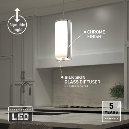 The Artika Subway Round Mini LED pendant light features a modern chrome finish and silk skin glass diffuser. It has an adjustable height, integrated LED (no bulbs needed), and comes with a 5-year warranty—perfect above your kitchen counter.
