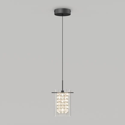 The Artika Crystal Cube 1-light LED pendant light features a black ceiling mount and cord, a cylindrical glass shade with clustered crystal-like elements, shown against a plain light gray background.