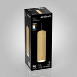 Black product box featuring a cylindrical wooden pendant light with vertical grooves, labeled “artika Groove.” The box displays features like warm light, LED, 800 lumens, and 15,000-hour lifespan.