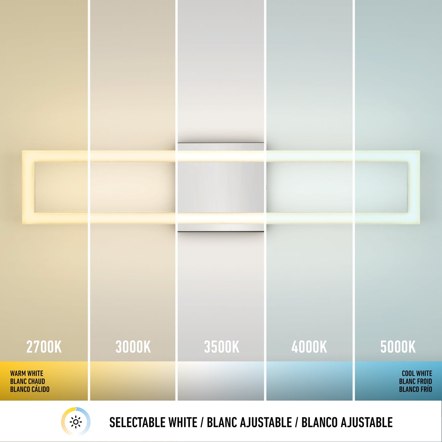 The Dover modern LED bathroom vanity light 5 CCT by Artika-CAN-dev shows five shades of white (2700K–5000K), each labeled with color temperature and descriptions in English, French, and Spanish on its rectangular wall panel.