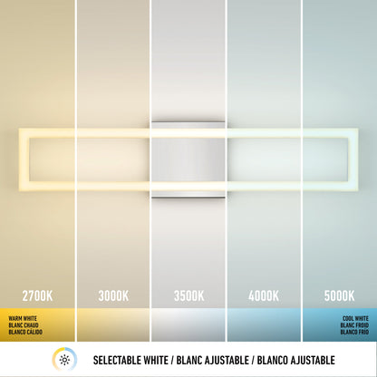 The Dover modern LED bathroom vanity light 5 CCT by Artika-CAN-dev shows five shades of white (2700K–5000K), each labeled with color temperature and descriptions in English, French, and Spanish on its rectangular wall panel.