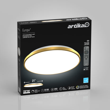 Black Artika Europa LED flush mount light packaging featuring a gold and white circular light, remote control image, product specs, and a 21-inch size indicator on a gray background.