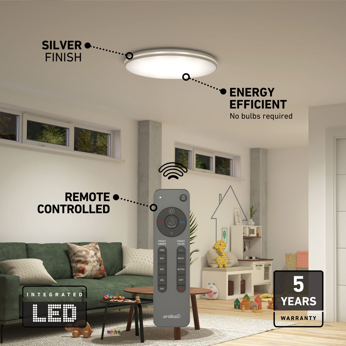 A living room lit by Artika’s GLOW 30 in. LED Ceiling Light (5 CCT, remote, energy-saving), backed by a 5-year warranty.