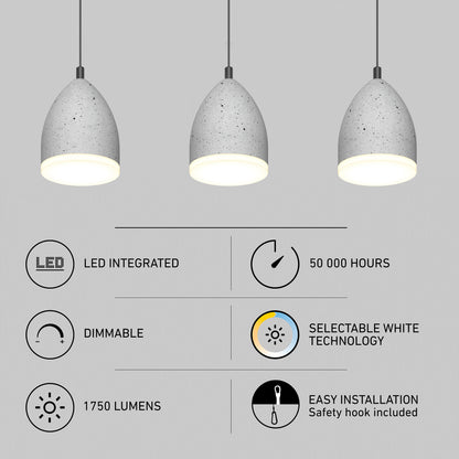 Artika’s Bergen 3-light LED pendant showcases icons and text for features like integrated LEDs, 50,000-hour lifespan, dimmable selectable white technology, 1750 lumens brightness, and easy installation with a safety hook.