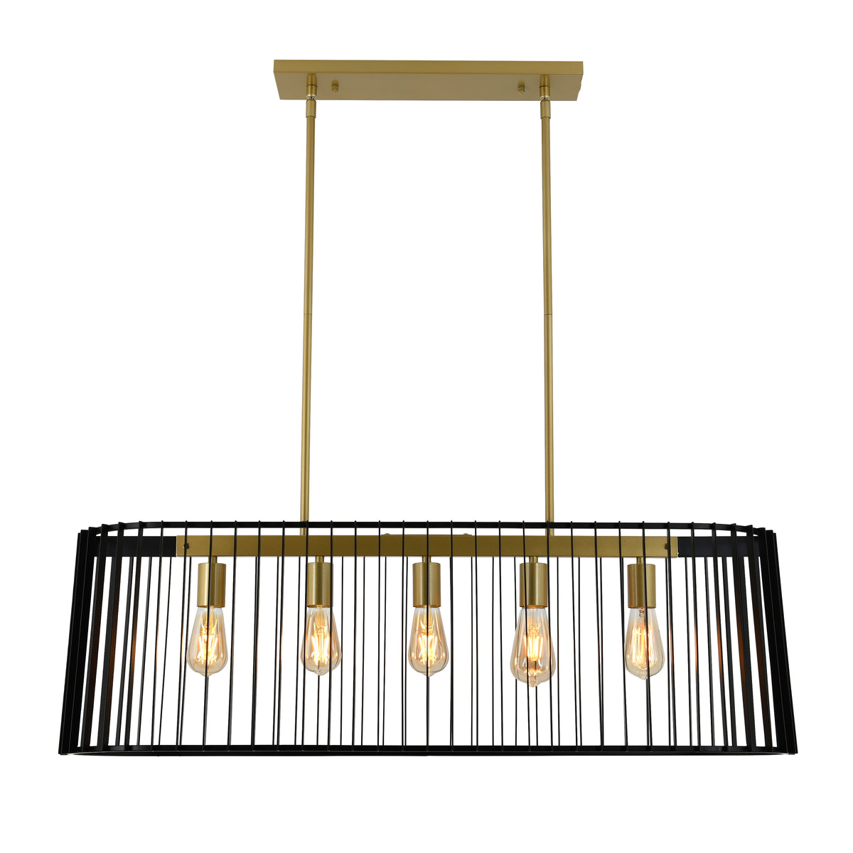 A modern rectangular chandelier with a gold frame, two gold rods, and five exposed light bulbs surrounded by a black metal cage-like design.