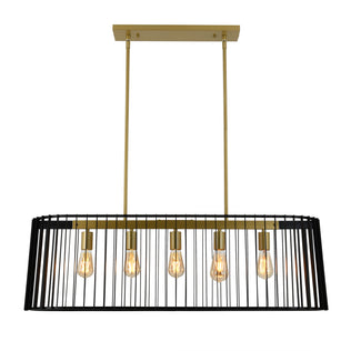 The Gatsby LED pendant light by Artika features five exposed bulbs suspended by two gold rods. Its black metal cage frame and gold accents blend modern style with industrial design elements.