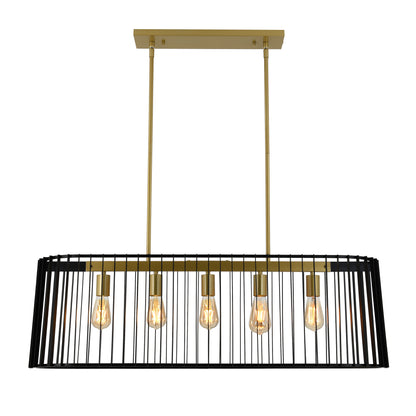 The Gatsby pendant light by Artika features a rectangular black metal cage with five vintage-style exposed bulbs in a row, suspended by two gold rods.