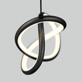 A modern pendant light features two intertwined, black circular loops with a glowing white inner edge, suspended against a plain light gray background.
