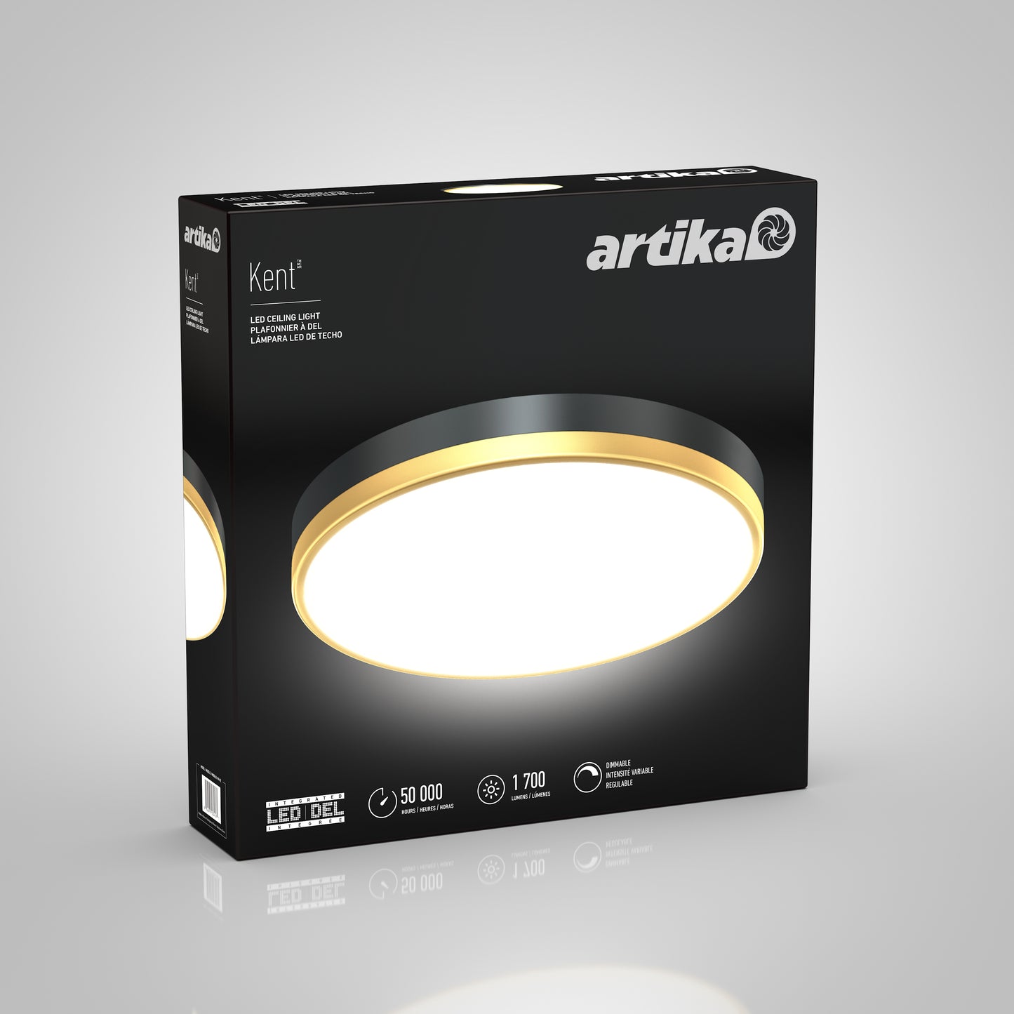 A black box for the Artika Kent LED flush mount light displays an image of the round, modern fixture with a gold accent and white light, plus details like a 50,000-hour lifespan and 1,700 lumens.
