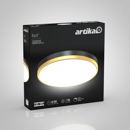 A black Artika box displays the Kent LED flush mount light, showcasing a round, modern ceiling fixture with a gold rim, its brightness, and main specifications featured on the packaging.