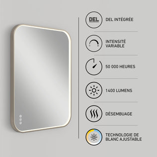 The Artika Royce Dimmable LED Mirror features 3 CCT color settings, adjustable brightness, touch controls, a built-in defogger, 1400 lumens, up to 50,000-hour LED lifespan, and can be mounted horizontally or vertically.