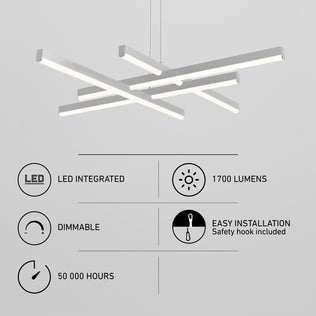The Artika Grid modern LED pendant light 5 CCT features a geometric design with four bars, integrated LEDs (1700 lumens), dimmable function, 50,000-hour lifespan, and easy installation with a safety hook included.