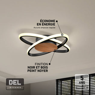 Artika Atomic 15 in. Modern LED Flush Mount Ceiling Light with two intersecting black rings and a wood-grain center, featuring 5 CCT efficiency.