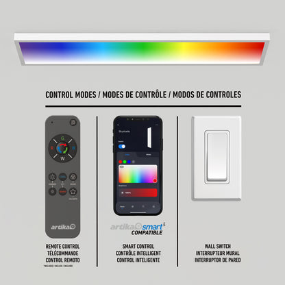 The Artika Skyshade smart RGB LED light panel is displayed above three control options: remote, smartphone app with color wheel, and wall switch. Each mode is labeled in English, French, and Spanish.