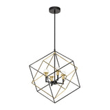 Modern chandelier with four exposed bulbs, suspended from a black rod, enclosed in intersecting black and gold geometric cube frames, creating a stylish and contemporary lighting fixture.