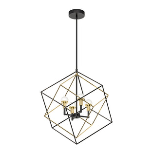 The Artika Peyton LED modern mid-century pendant light features intersecting black and gold metal cube frames, four exposed bulbs on black arms, and is suspended from a sleek black rod and ceiling mount.