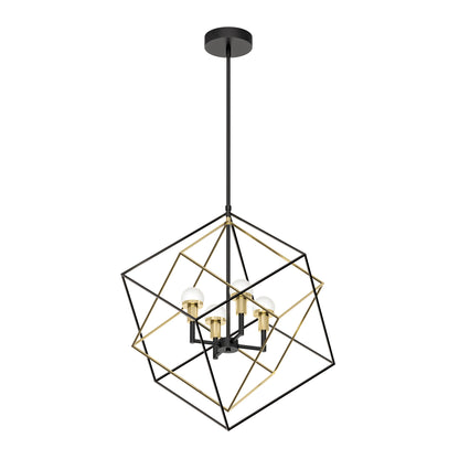 The Artika Peyton LED modern mid-century pendant light features intersecting black and gold metal cube frames, four exposed bulbs on black arms, and is suspended from a sleek black rod and ceiling mount.