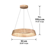 Wooden pendant light fixture with a circular design, suspended by three wires. Dimensions are labeled: 53 cm (20.87 in) wide and up to 195.6 cm (77.01 in) in height.