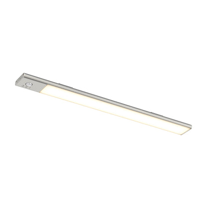 The Artika Outline under cabinet LED light 3CCT is a slim, rectangular silver fixture with a built-in switch on one end that emits a soft white glow.