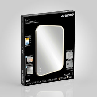Black retail box for the Artika Royce Dimmable LED Mirror (3 CCT), showing illuminated edges, touch controls, built-in defogger; includes product features and installation instructions. Can be mounted horizontally or vertically.
