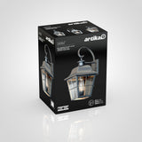 A black box with images of a rustic-style exterior wall lantern by Artika, named “Jatoba,” featuring a hanging metal and glass fixture and product details in English and French.